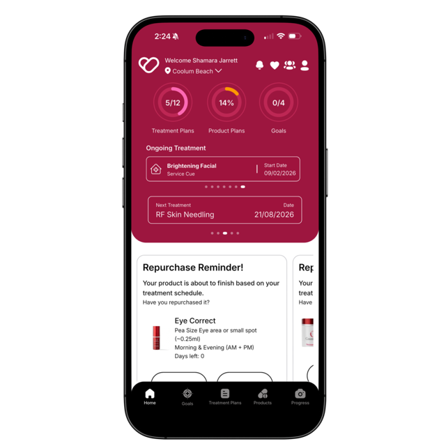 The Service Cue Client App home screen on a phone, showing treatment progress and reminders