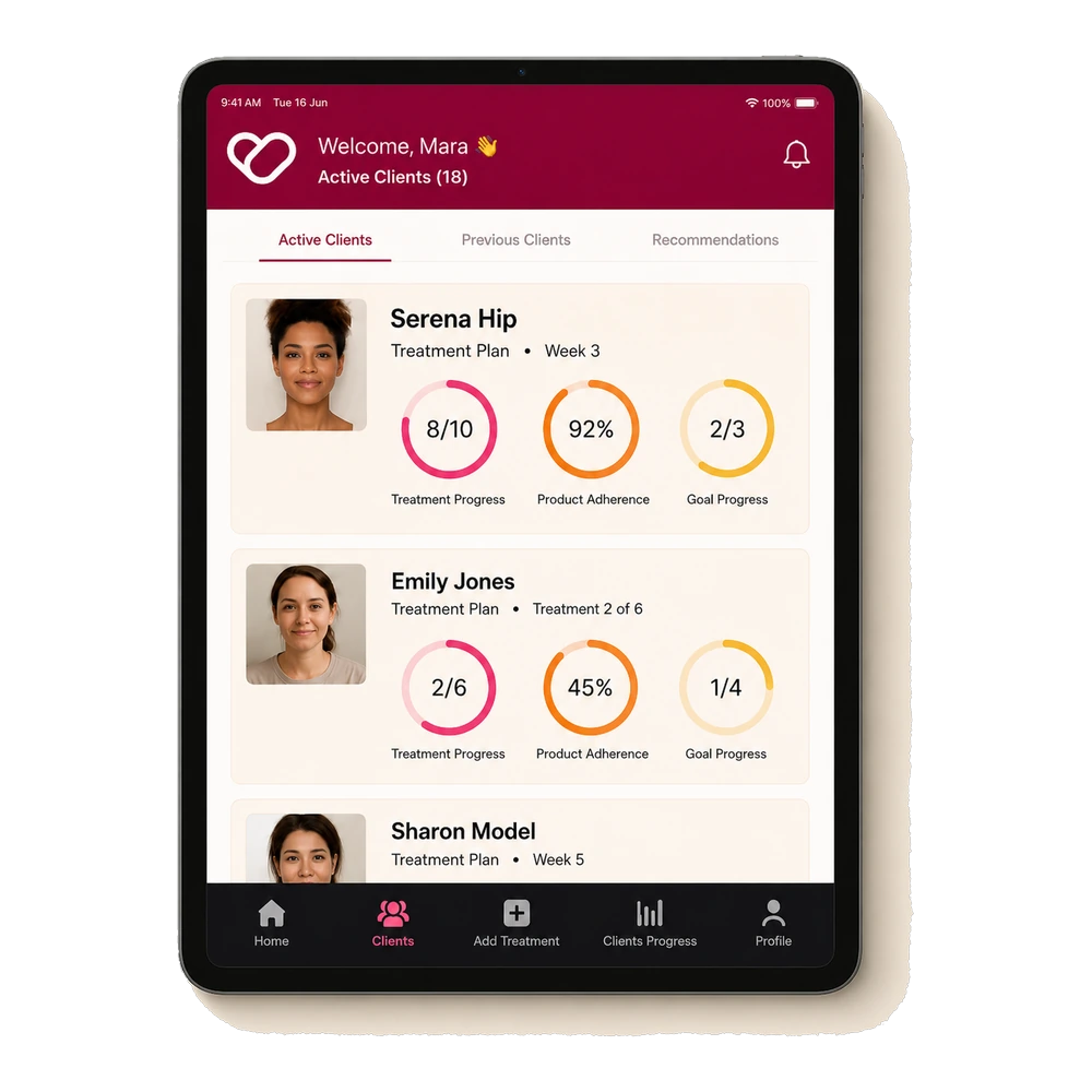 The Service Cue Consult App on an iPad, showing every active client plan with treatment progress