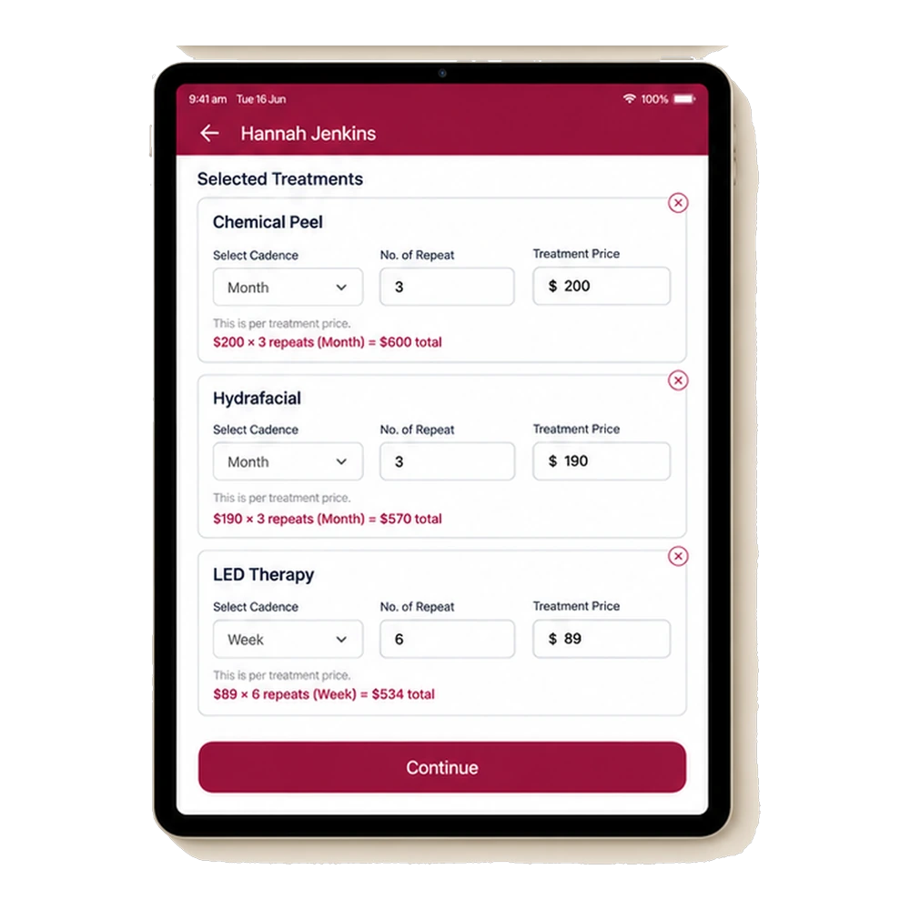 Service Cue Consult App — build the treatment schedule and pricing