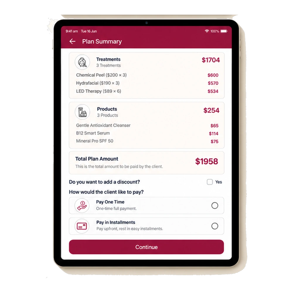 Service Cue Consult App — full plan summary with treatments, products and total